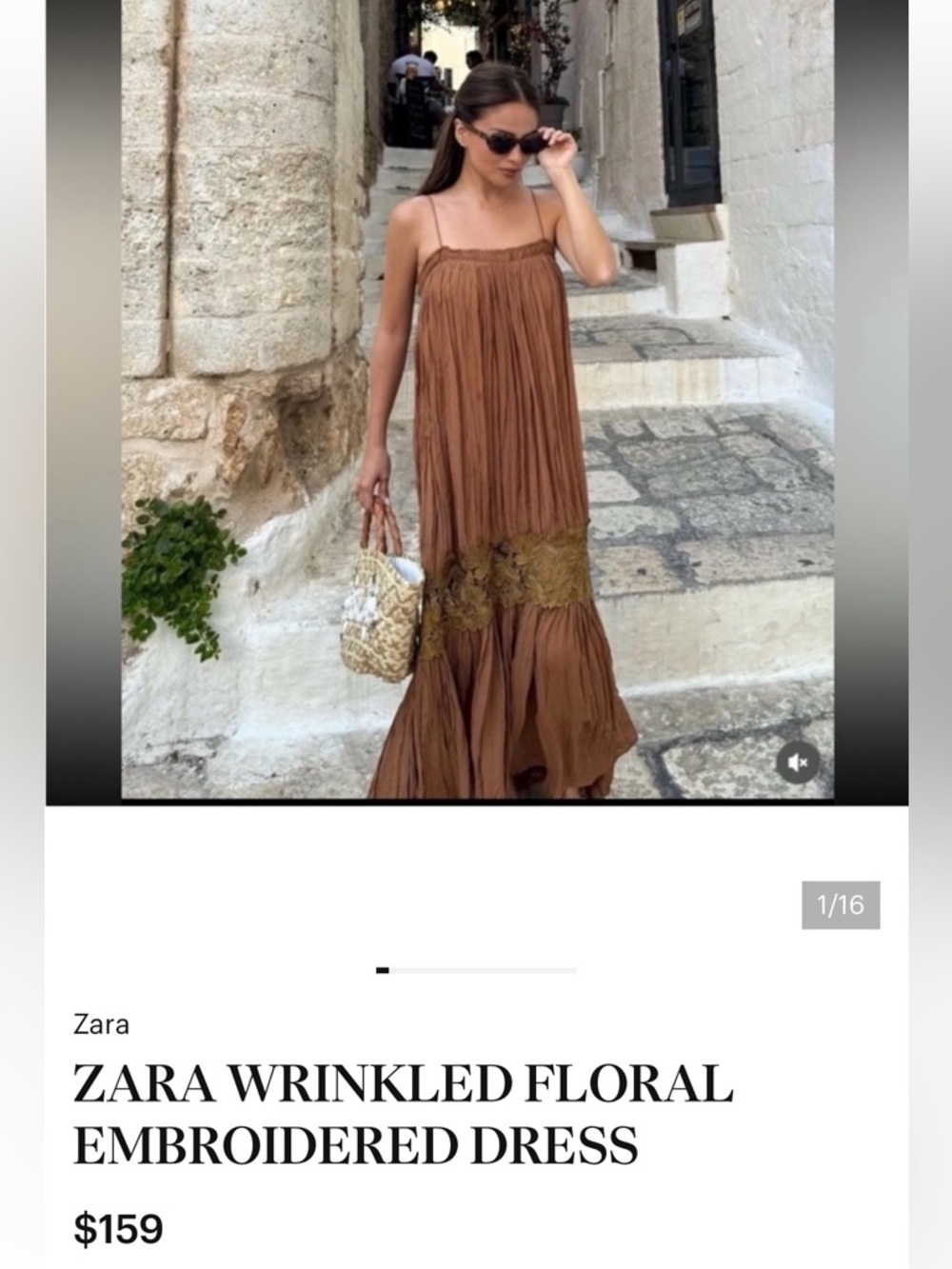 Zara NWT Tan Brown Wrinkled Embroidered Contrast Crochet Midi Maxi Dress (Small) - Picture 7 of 10